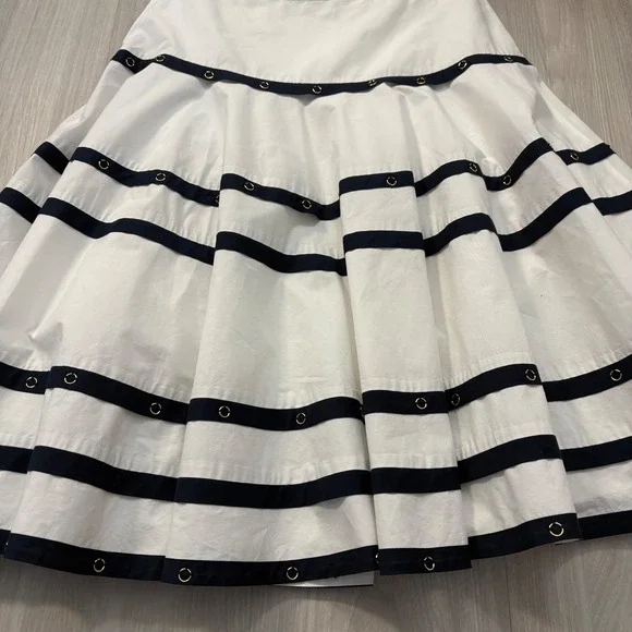 Cache Skirt Women White Navy Stripe A-Line Midi Skirt Cotton Size 10 - Picture 13 of 14